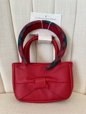 NWT Catherine Malandrino red bow Mini top-handle bag purse plaid headband NEW